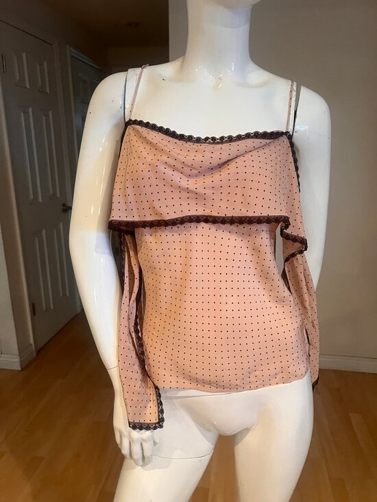 BCBGMaxAzria Tops - Y2K VINTAGE BCBG MAXAZRIA DRAP SPAGHETTI STRAP BLOUSE TOP SILK SZ L LARGE DOT
